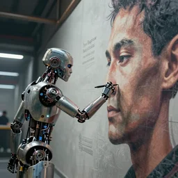 a stunning ultra detailed fantasy fine art photo of a'robot from ex machina movie'writing a human face a wall, by tom bagshaw, wlop and artgerm, wide angle, deep depth of field, cyberpunk, artstation, 8 k