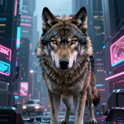badass wolf in cyberpunk metropolis + cyberpunk + 8 k, 4 k, octane render, artstation, hyperdetailed, volumetric lighting