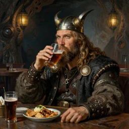 portrait of a space viking drinking in an alien tavern. art by ilya repin.