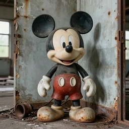 an old, broken, very deteriorated mickey mouse animatronic in the corner of an abandoned warehouse, rust, mechanical parts, wires, 8 k, high quality