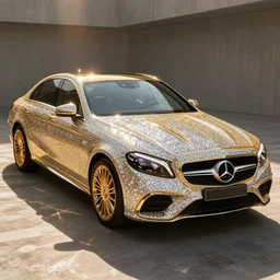 a very luxurious, golden mercedes studded with diamonds,