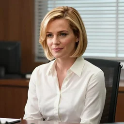 film still of brittany murphy sitting in office, short blonde hair, beautiful face, wearing shirt, realistic proportions, ink, black and white, illustration, cinematic composition, lineart, clean lines, phil noto