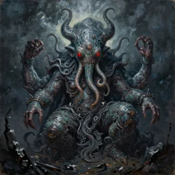 an oil painting of Cthulhu, thick paint, detailed, 8k, dark phantasy, gritty, red eyes, stormy night