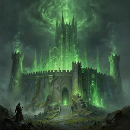 ghostly fortress of minas morgul, minas ithil, lit by green magical powers along the fortress walls, by alan lee, michal karcz, smooth details, lord of the rings, game of thrones, smooth, detailed terrain, oil painting, trending artstation, concept art, fantasy matte painting