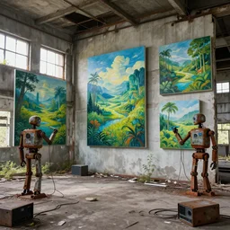 abandoned overgrown brutalist warehouse with several paintings of utopian paintings! of lush landscapes! hung on the walls like a gallery, rusted over robots painting! on the canvases, servers scattered over the floor, wires dangling