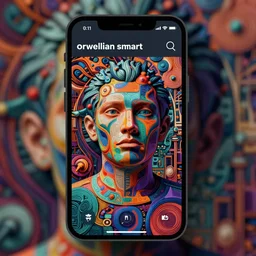 orwellian smart phone interface by maciej kuciara, accurate details, intricate, concept art, smooth, hyper realistic, vibrant colors, cinematic, surrealist art style, 3 5 mm grain filter, artstation