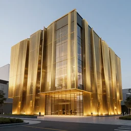 exterior art museum, contemporary architecture, golden details, lighting, extreme detailed, realistic, photorealism, octane renderer, 8 k