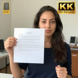 webcam photo of a woman holding up a piece of paper with text, room photo, photorealistic, 8 k