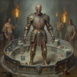 oil paint jeweled armor, vein piping, medical equipment tiered battle pit, by wayne d barlowe, boris vallejo, stefano tamburini, torch light, muted colors, epic, hyper detailed, awe inspiring, award winning horror, hyper realism, cinematic
