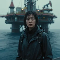 a still from bladerunner 2 0 4 9 depicting a long shot photograph of akie kotabe wearing wet weather gear. he stares intently into the camera with a worried expression. behind him is a futuristic oil rig in the deep ocean. sci fi, futuristic, cinematic, low light, soft focus.