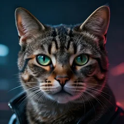 epic cyberpunk cat closeup, dramatic lighting, artwork by hubert robert