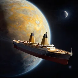 a ship from star trek orbiting over a alien planet, volumetric light from nearby star, style by caspar david friedrich and wayne barlowe and ted nasmith.