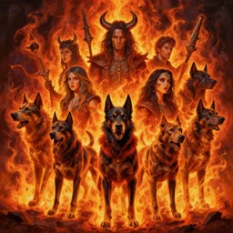 high intricate fiery 3 d painting!!! of hellhounds!!!!! surrounded by fire!!!, neil gaiman, ( ( alejandro mirabal ) ), ( ( cory loftis ) ), patryk stefaniak, rebecca hu!!, ben mauro, logan preshaw!!, trending on artstation