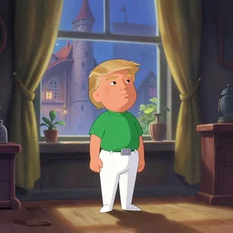 little donald trump in white pants and green shirt, in a room, old town through window, fantasy, concept art, artstation, disney, pixar, dreamworks, anime, tyler edlin, feng zhu, jparked, thomas karpi