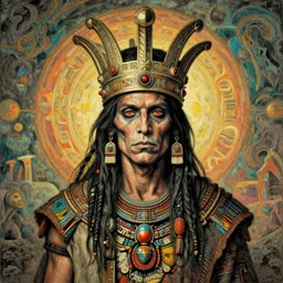 Shamanpunk Aztec Jeremy Irons wearing Enchanted Crown Ivy King of the Underworld Portrait Portrait Portrait Geiger Beksinski Ross Tran Jordan Grimmer Darren Quach Ilya Repin Psychedelia aquatint