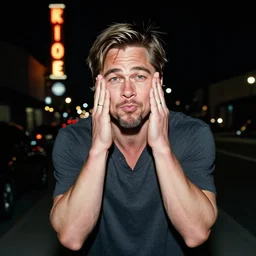a photograph of brad pitt making the troll face pose in downtown la, high quality photography at night