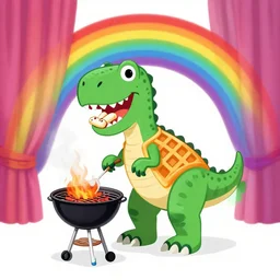 a waffle dinosaur is barbecuing chewing gum. the drapes are a delicious rainbow.