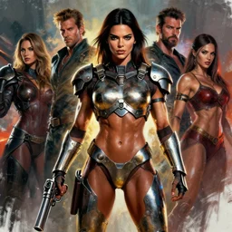 female bodybuilder kendall jenner wearing metal gear armor holding gun dramatic lighting art by brandon anschutz by yoji shinkawa by richard schmid by greg rutkowski by sandra chevrier by jeremy lipking cinematic dramatic brush strokes background