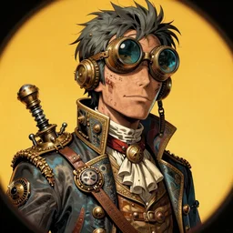 hyper detailed comic illustration of a steampunk Rick Sanchez wearing goggles and an intricate Victorian jacket, markings on his face, by Hayao Miyazaki intricate details, vibrant, solid background, low angle fish eye lens