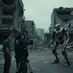 vfx film, behind the scenes, on location, set design, m, making of, big film production, futuristic tesla robots, dilapidated war torn city, flat color profile low - key lighting award winning photography arri alexa cinematography, hyper real photorealistic cinematic, atmospheric cool colorgrade