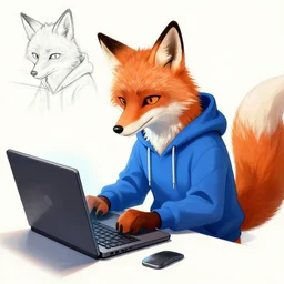 an sketch art of anthropomorphic fox in a blue hoodie hacking a portable computer by gainax studio, artstation, digital art, oc commission, high detailed, stylised