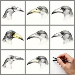 montage of style sheets, bird beaks, hand drawn, by acorn naturalists
