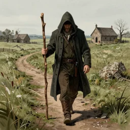 sketch, a man walking along a field path a man wearing a long coat covering his head,, illustration, a man holding a long stick in his hand, a man holding a long stick in his hand, mysterious traveler mysterious past, there is a distant tavern in the background. medieval times, the atmosphere of warriors and dragons
