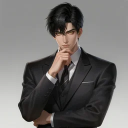 a highly detailed illustration of attractive short black haired young asian man wearing suit, yellow eyes, dramatic thinking pose, intricate, elegant, highly detailed, centered, digital painting, artstation, concept art, smooth, sharp focus, league of legends concept art, WLOP