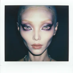 grainy color polaroid of a beautiful alien, feminine, iridescent eyes, intricate detail, sigma 85mm f/1.4, 4k