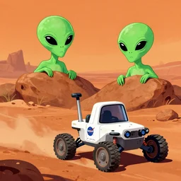 on mars, two green alien Martians are hiding behind rocks, a white nasa rover rolls around, digital color illustration in the style of James Gurney