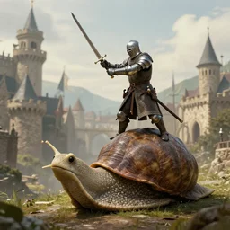 Medieval knight with his sword drawn riding on top of a huge snail in a medieval city, wide shot, detailed, 4K, digital art, cinematic lighting, award winning art