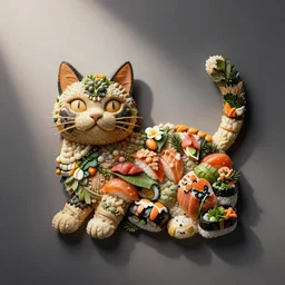 a pile of sushi in the shape of a cat.