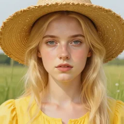 blond dafne keen symetrical portrait closeup with straw hat and yellow dress, meadow background, highly detailed, digital painting, artstation, concept art, sharp focus, illustration, art by aleksi briclot and greg rutkowski and raphael lacoste and magali villeneuve