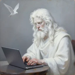 peter elson painting of the magnificient white lord of dreams working on his macbook