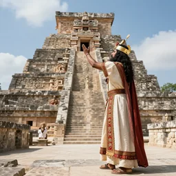 a photograph of a aztec priest preying at a temple