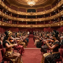 craig mullins and ghibli digital art of inside the grand theater, a large audience, on the stage, masked female violinists, exotic costumes, gold jewelry, black hair, solo performance unreal engine, hyper realism, realistic shading, cinematic composition, realistic render, octane render, detailed textures, photorealistic, wide shot