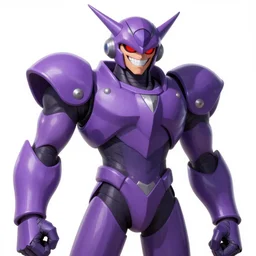 evil megaman grinning, red eyes and purple armour