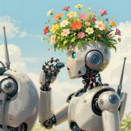 a ultradetailed beautiful panting of a robot with flowers growing from the top, by conrad roset, greg rutkowski and makoto shinkai, trending on artstation