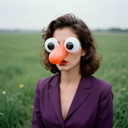 glamorous woman with an inflatable spherical prosthetic nose, cardboard googly eyes, 1 9 7 5, color, tarkovsky, medium - shot 1 6 mm film, in meadow