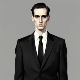 a tall thin pale man with completely black eyes wearing a business suit, art by beksinski