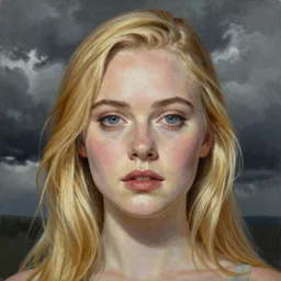 professional painting of Elle Fanning in the style of James C. Christensen, head and shoulders portrait, symmetrical facial features, smooth, sharp focus, illustration, intricate, stormy weather, extremely detailed masterpiece,