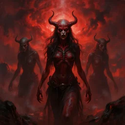 Evil sky people coming down, red sky, eerie, ominous, in the style of eerie painting