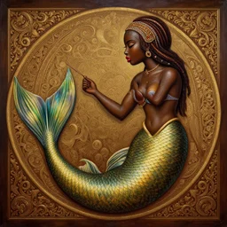 painting on an african mermaid, by leonardo davinci, highly detailed, smooth, digital painting, sharp focus, intricate, symmetry, masterpiece work of art,