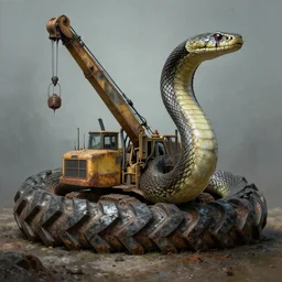 airbrushed water mocassin snake massive land excavation hybrid dragline machine in tire tread dripped in landscape mercury alex ross, simon bisley fine art masterpiece baked at 3 0 0 f, matte painting, cold lighting, aged with patina, rusted, award winning horror, photorealistic render, cinematic