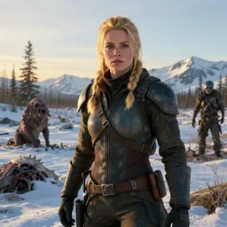 fallout 5, charismatic beautiful rugged blonde female protagonist, portrait, outdoors alaskan wildernis, atmospheric lighting, painted, intricate, volumetric lighting, daytime, winter, clear weather, mutated wildlife, golden hour, sharp focus, deep colours, ultra detailed, art by william turner