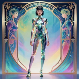 full body front pose, beautiful female cyberpunk teen with glass skin, rim light, ultra - fine detail, art nouveau, intricate artwork by tooth wu and wlop and kilian eng and artgerm, symmetric, cinematic, hyper realism, weta, vibrant colors, smooth gradients, high contrast, depth of field, aperture f 1. 2