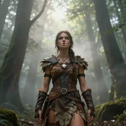 Full shot, dramatic volumetric sunlight foggy atmospheric forest canopy scenery, girl with long incisor-fangs clad in modest hide leather armor, hyperdetailed, symmetrical face, concept art, artstation, cgsociety, 8k