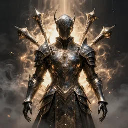 a stunning sci fi portrait of a shadow mage with massive metal ornaments protruding from metallic armor, majestic and futuristic, cinematic lighting, high detail, futuristic medieval, ornate metal, unreal engine, octane render, art by vitaly bulgarov artstation, destiny concept art, smoke vdb volumes, glowing aura, post processing, cgsociety