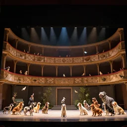 photo of a huge theatrestage, production of a play with dogs and birds, wide shot, hq, exaggerated details