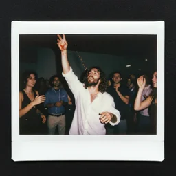 Jesus wasted at a party, throwing up vomit. Polaroid photograph.